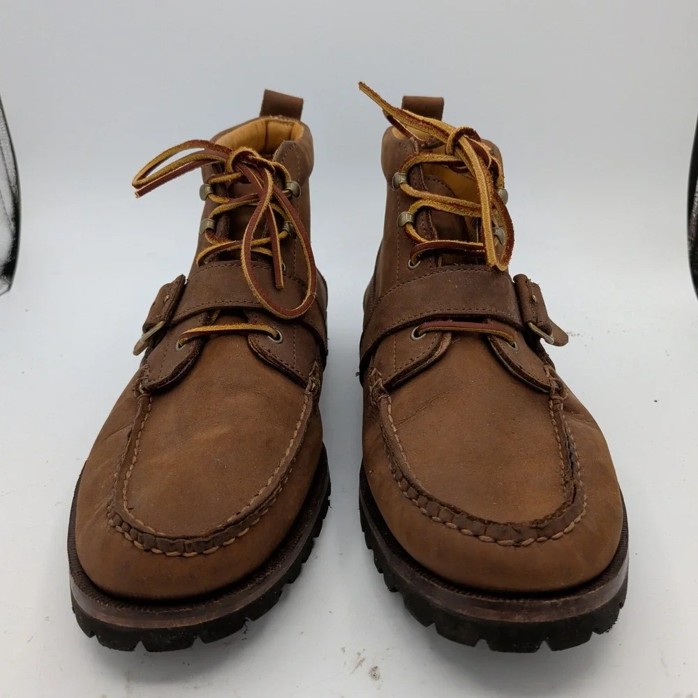 Ralph Lauren Mens Ranger Buckle Moc Toe Boots Brown Leather Vibram USA 13